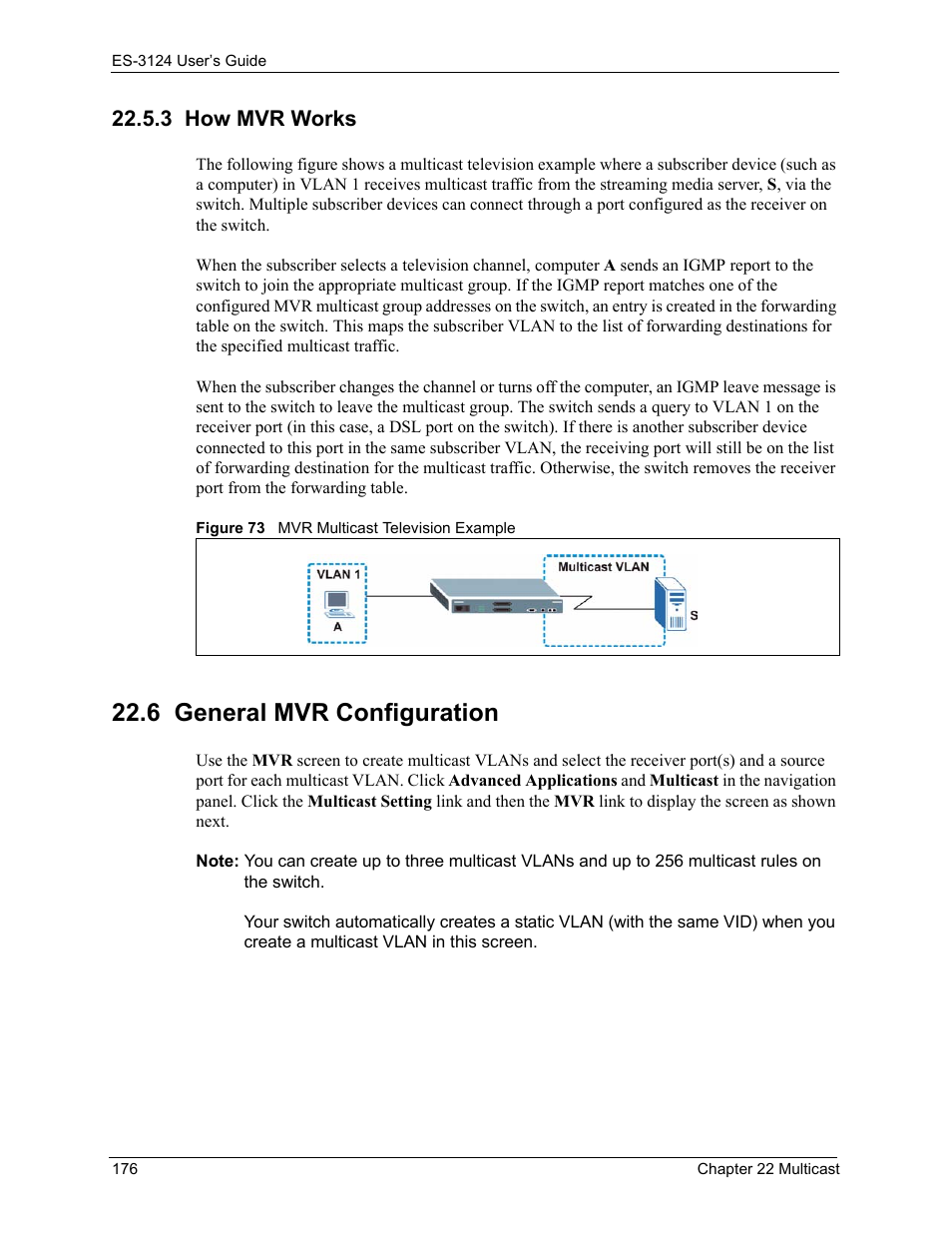 3 how mvr works, 6 general mvr configuration, Figure 73 mvr multicast television example | ZyXEL Communications LAYER 3 ES-3124 User Manual | Page 178 / 337
