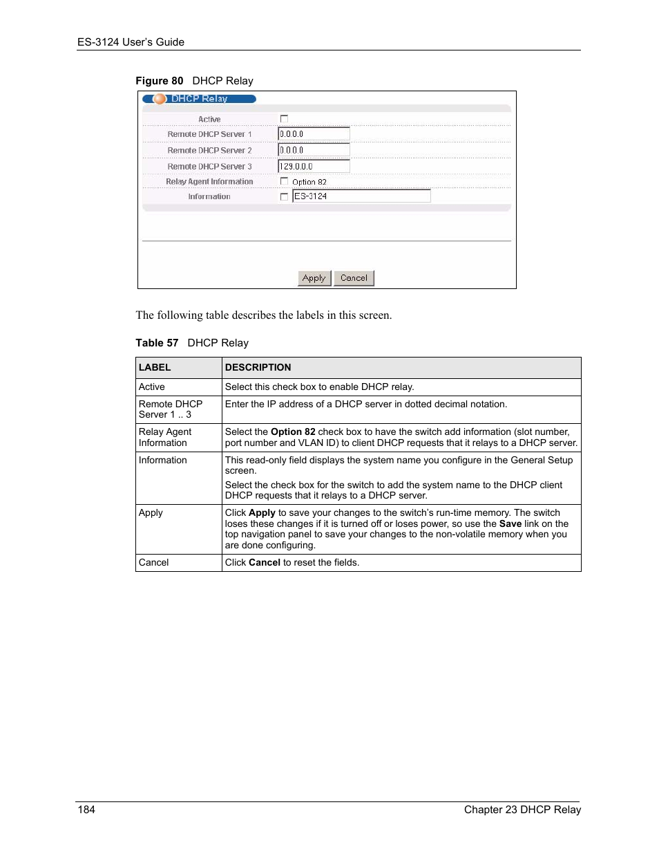 Figure 80 dhcp relay, Table 57 dhcp relay | ZyXEL Communications LAYER 3 ES-3124 User Manual | Page 186 / 337