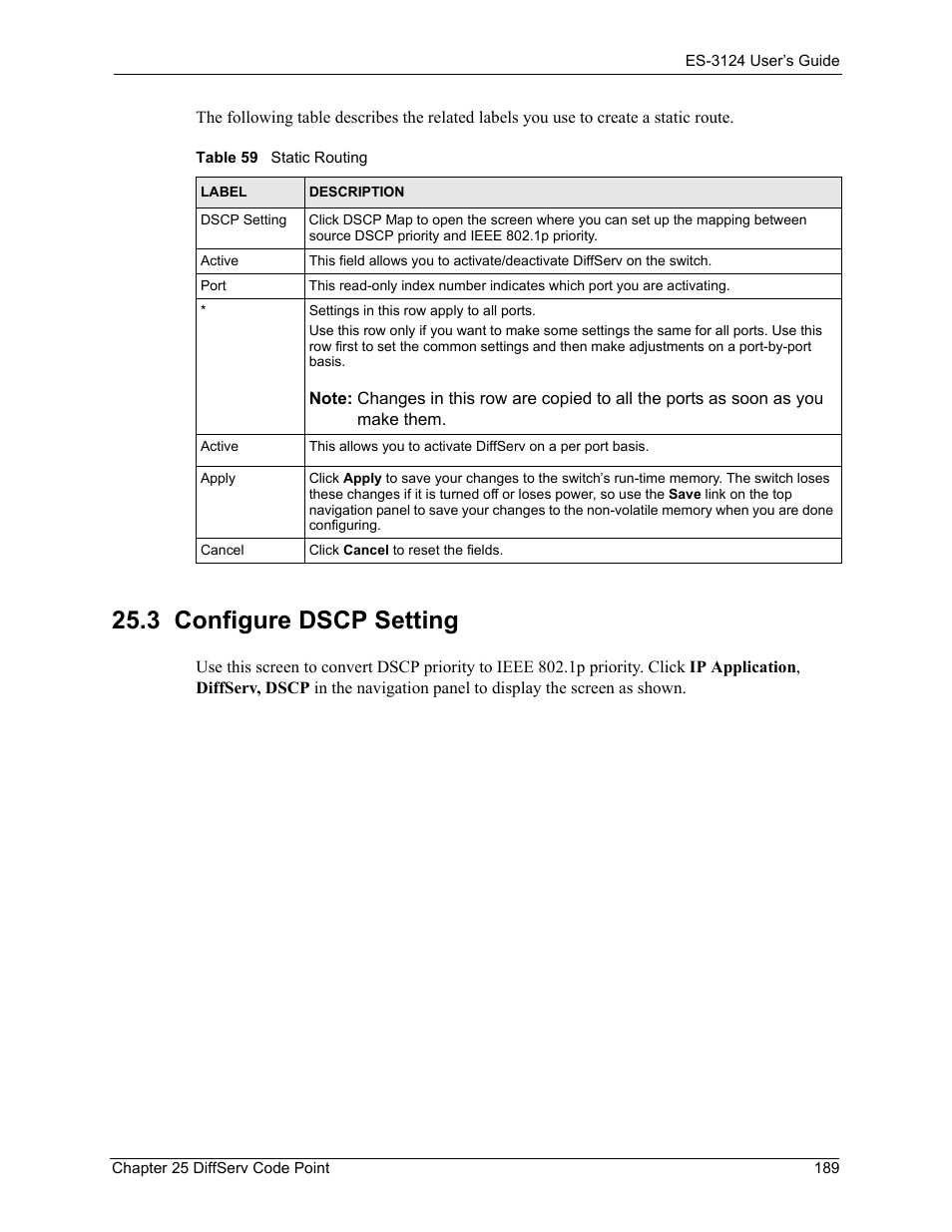 3 configure dscp setting, Table 59 static routing | ZyXEL Communications LAYER 3 ES-3124 User Manual | Page 191 / 337