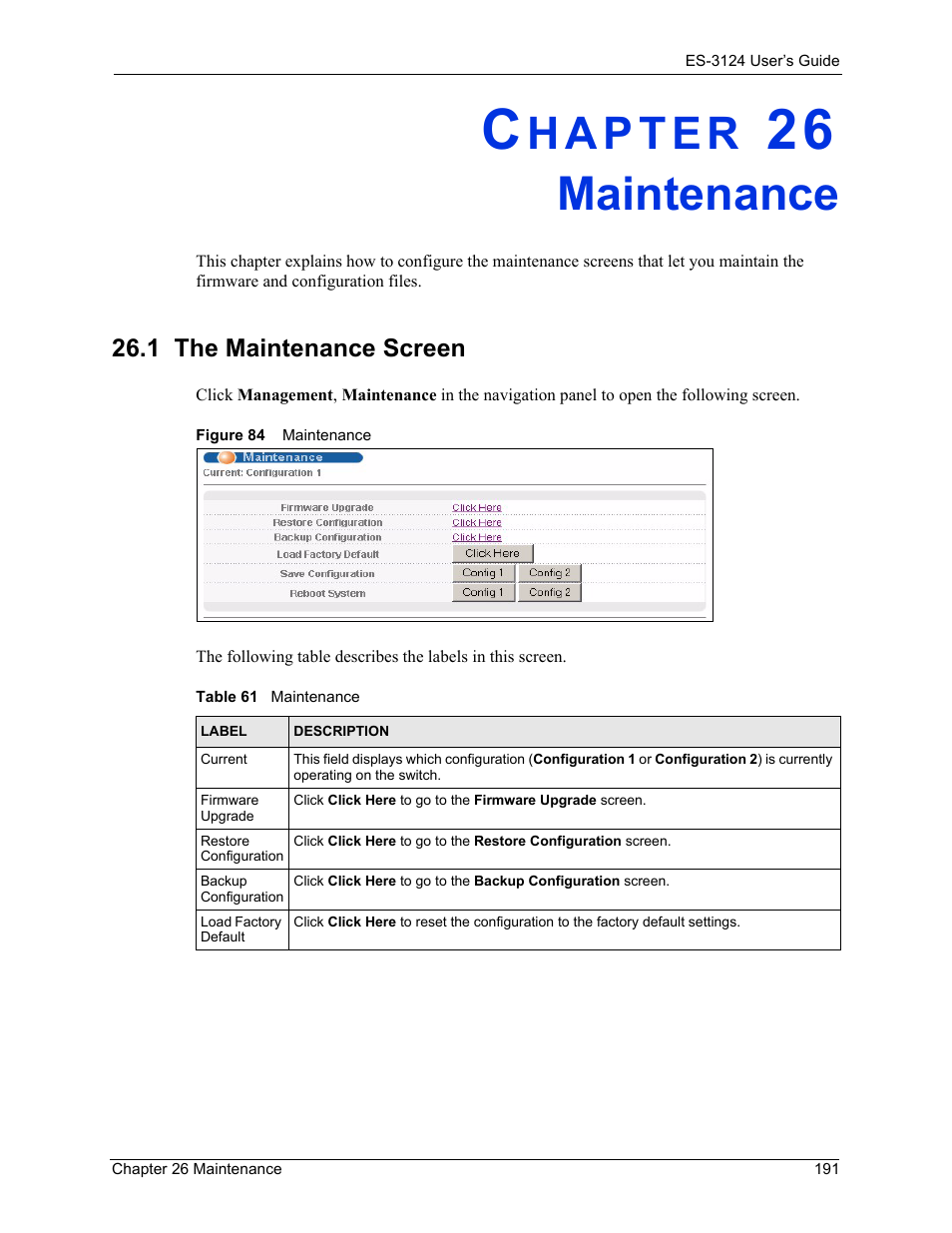 Maintenance, Chapter 26 maintenance, 1 the maintenance screen | Figure 84 maintenance, Table 61 maintenance | ZyXEL Communications LAYER 3 ES-3124 User Manual | Page 193 / 337