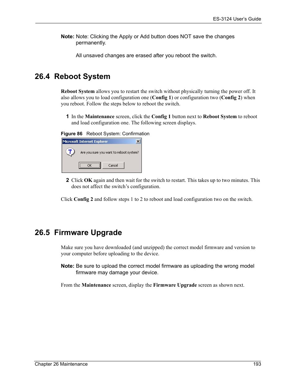 4 reboot system, 4 reboot system 26.5 firmware upgrade, Figure 86 reboot system: confirmation | 5 firmware upgrade | ZyXEL Communications LAYER 3 ES-3124 User Manual | Page 195 / 337