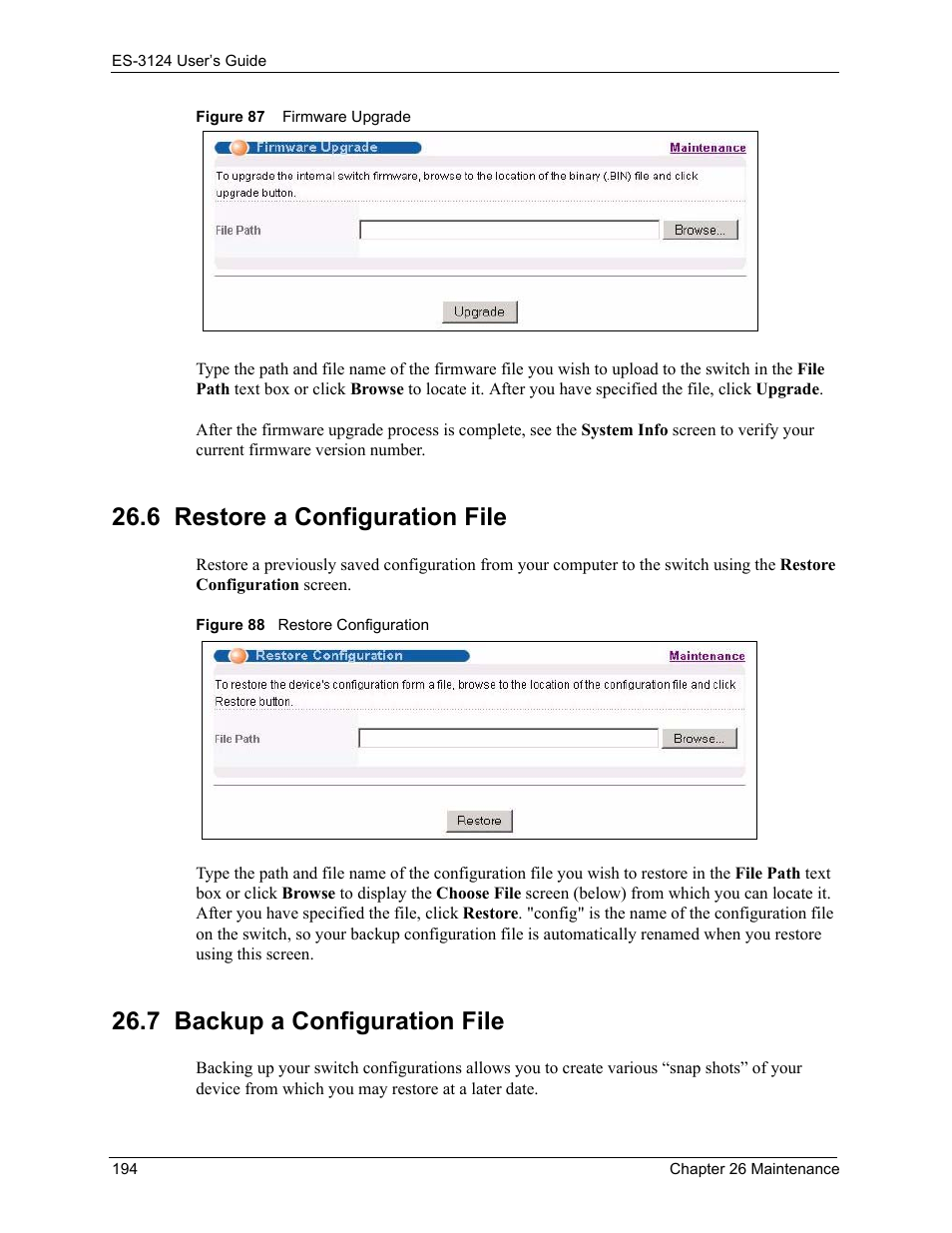 6 restore a configuration file, 7 backup a configuration file | ZyXEL Communications LAYER 3 ES-3124 User Manual | Page 196 / 337