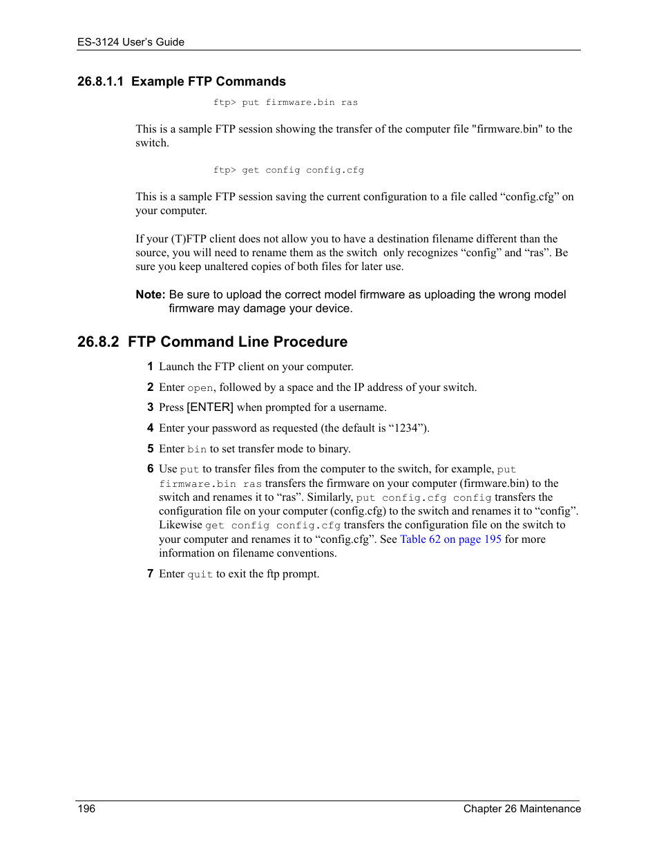 1 example ftp commands, 2 ftp command line procedure | ZyXEL Communications LAYER 3 ES-3124 User Manual | Page 198 / 337