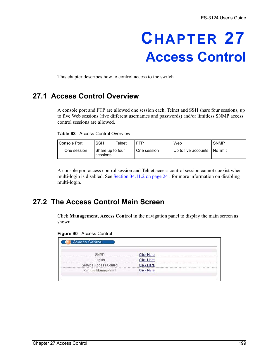 Access control, 2 the access control main screen, Chapter 27 access control | Figure 90 access control, Table 63 access control overview | ZyXEL Communications LAYER 3 ES-3124 User Manual | Page 201 / 337