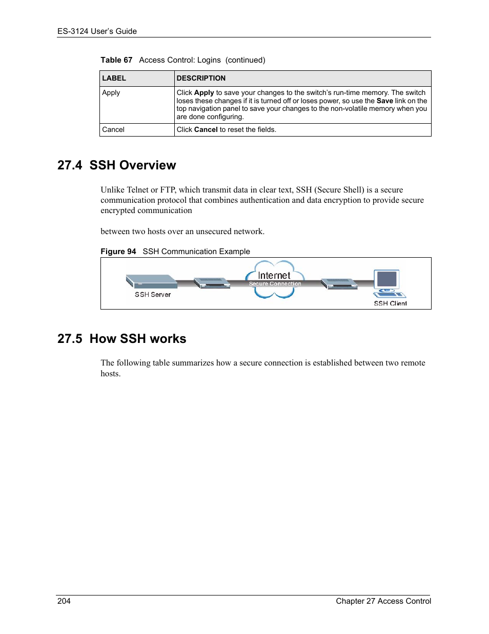 4 ssh overview, 5 how ssh works, 4 ssh overview 27.5 how ssh works | Figure 94 ssh communication example | ZyXEL Communications LAYER 3 ES-3124 User Manual | Page 206 / 337