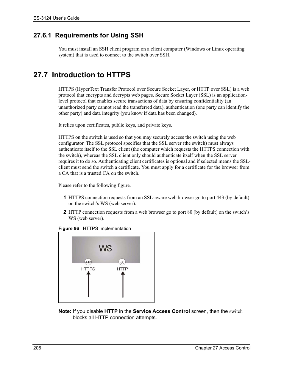 1 requirements for using ssh, 7 introduction to https, Figure 96 https implementation | ZyXEL Communications LAYER 3 ES-3124 User Manual | Page 208 / 337