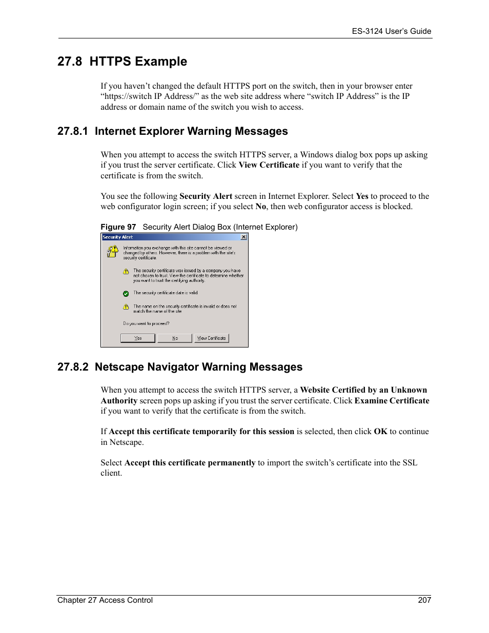 8 https example, 1 internet explorer warning messages, 2 netscape navigator warning messages | ZyXEL Communications LAYER 3 ES-3124 User Manual | Page 209 / 337