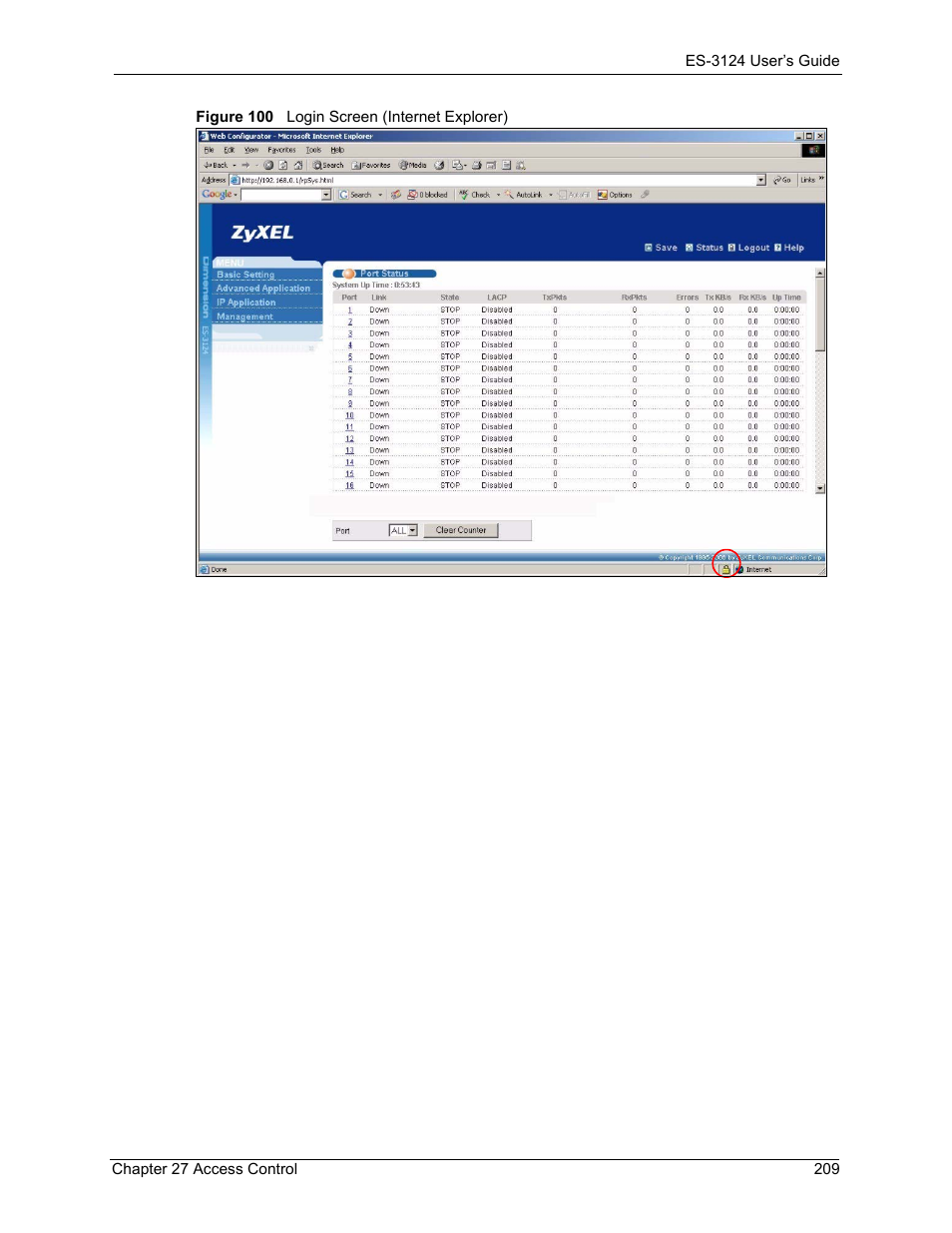Figure 100 login screen (internet explorer) | ZyXEL Communications LAYER 3 ES-3124 User Manual | Page 211 / 337