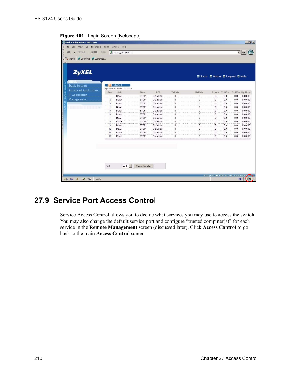 9 service port access control, Figure 101 login screen (netscape) | ZyXEL Communications LAYER 3 ES-3124 User Manual | Page 212 / 337