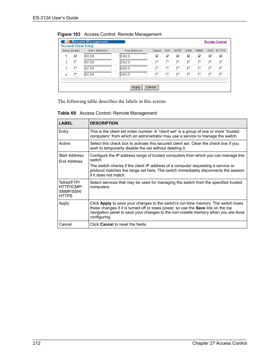 Figure 103 access control: remote management, Table 69 access control: remote management | ZyXEL Communications LAYER 3 ES-3124 User Manual | Page 214 / 337