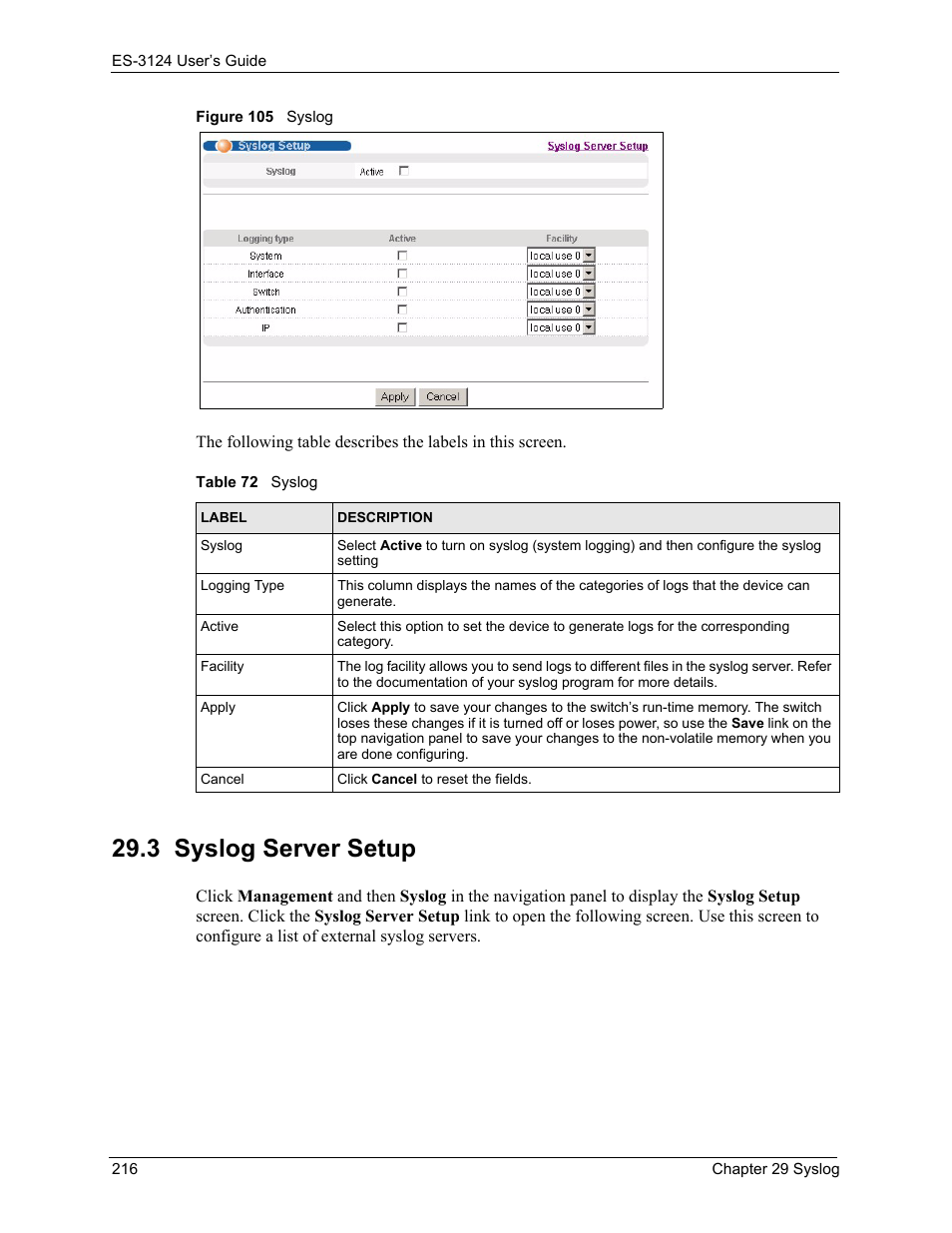 3 syslog server setup, Figure 105 syslog, Table 72 syslog | ZyXEL Communications LAYER 3 ES-3124 User Manual | Page 218 / 337