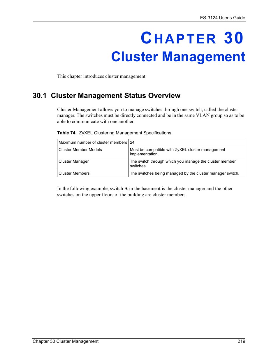 Cluster management, Chapter 30 cluster management, 1 cluster management status overview | ZyXEL Communications LAYER 3 ES-3124 User Manual | Page 221 / 337