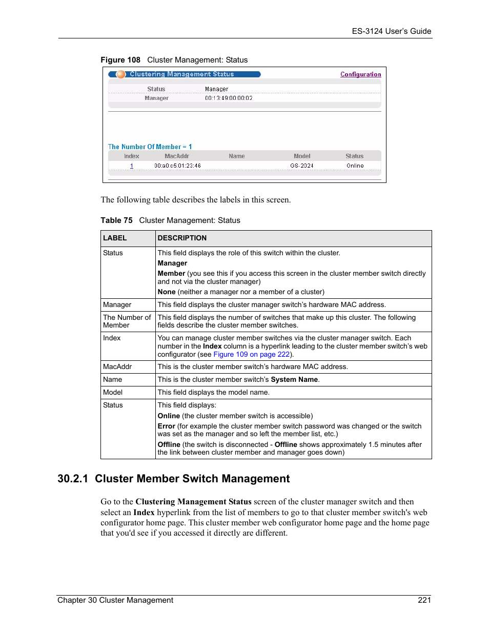 1 cluster member switch management, Figure 108 cluster management: status, Table 75 cluster management: status | ZyXEL Communications LAYER 3 ES-3124 User Manual | Page 223 / 337