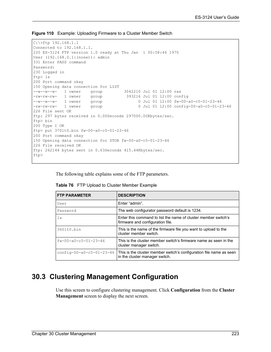 3 clustering management configuration, Table 76 ftp upload to cluster member example | ZyXEL Communications LAYER 3 ES-3124 User Manual | Page 225 / 337