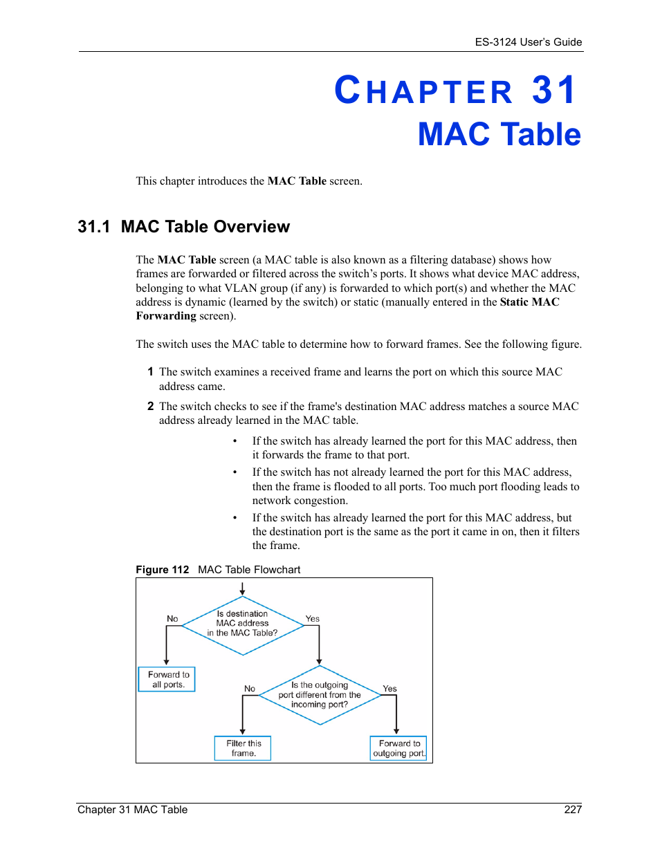 Mac table, Chapter 31 mac table, 1 mac table overview | Figure 112 mac table flowchart | ZyXEL Communications LAYER 3 ES-3124 User Manual | Page 229 / 337