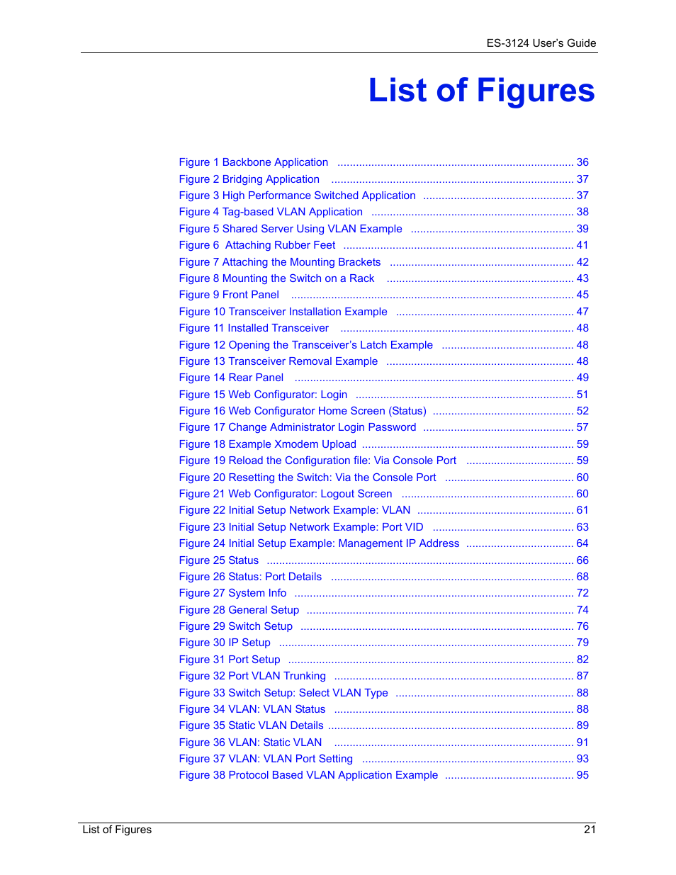 List of figures | ZyXEL Communications LAYER 3 ES-3124 User Manual | Page 23 / 337
