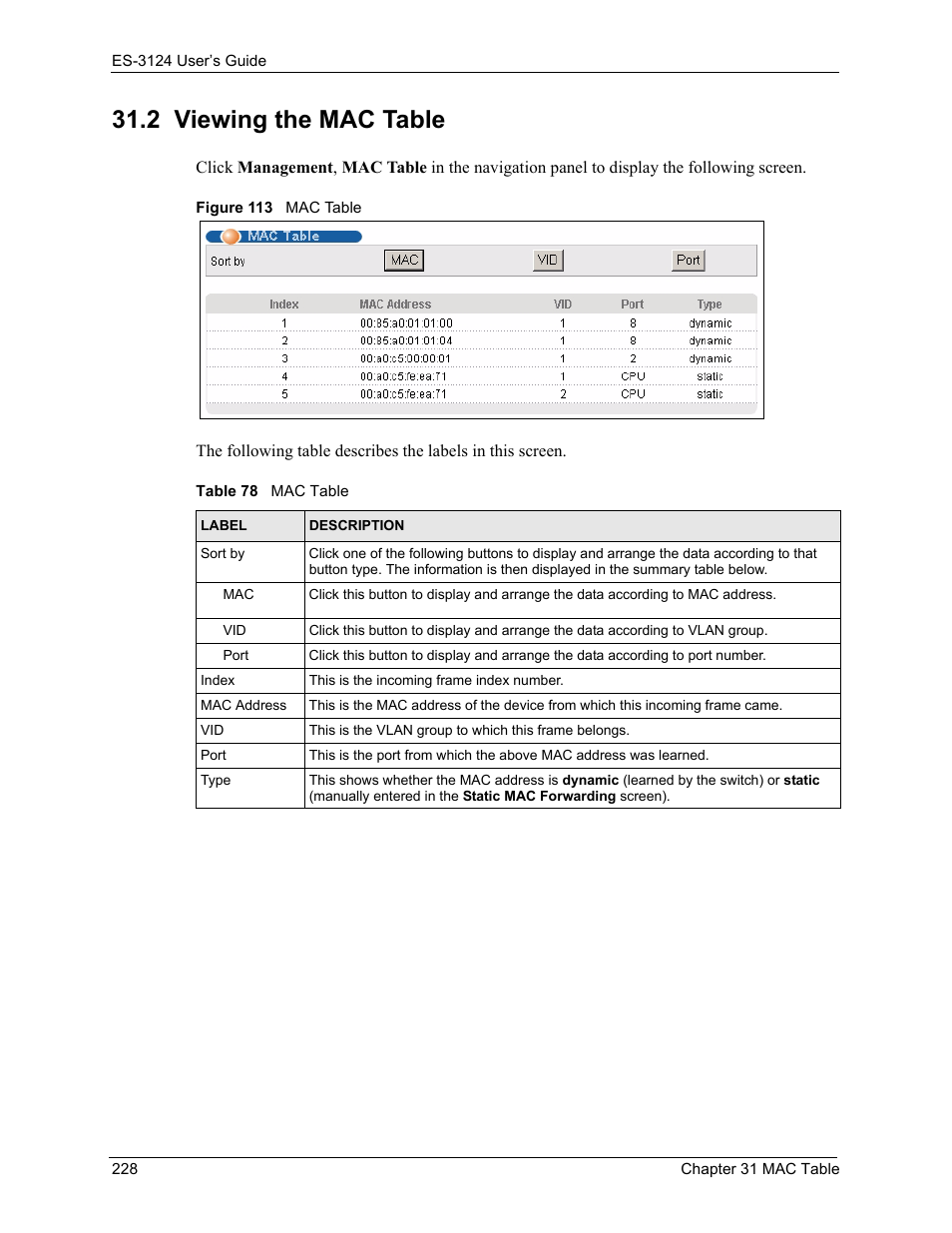 2 viewing the mac table, Figure 113 mac table, Table 78 mac table | ZyXEL Communications LAYER 3 ES-3124 User Manual | Page 230 / 337