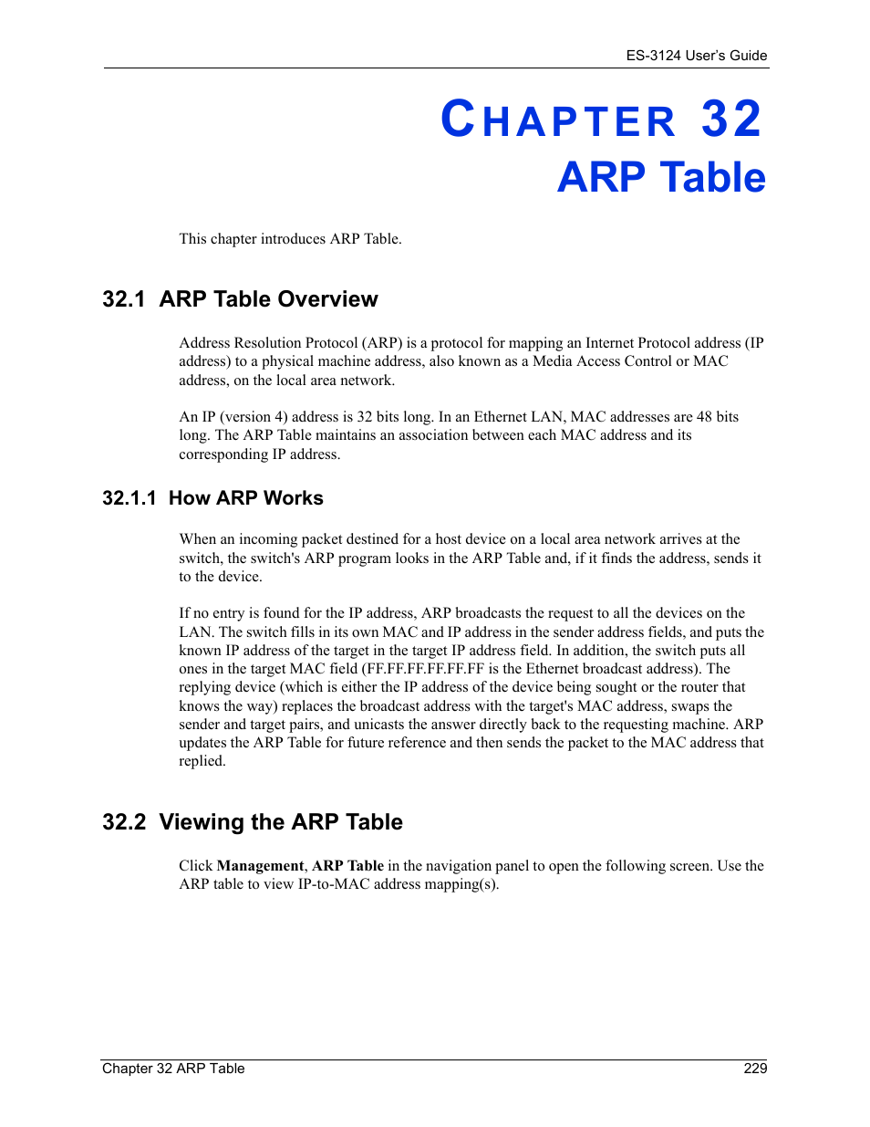 Arp table, 1 how arp works, 2 viewing the arp table | Chapter 32 arp table, 1 arp table overview | ZyXEL Communications LAYER 3 ES-3124 User Manual | Page 231 / 337