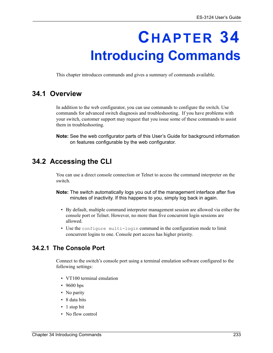 Introducing commands, 1 overview, 2 accessing the cli | 1 the console port, Chapter 34 introducing commands, 1 overview 34.2 accessing the cli | ZyXEL Communications LAYER 3 ES-3124 User Manual | Page 235 / 337