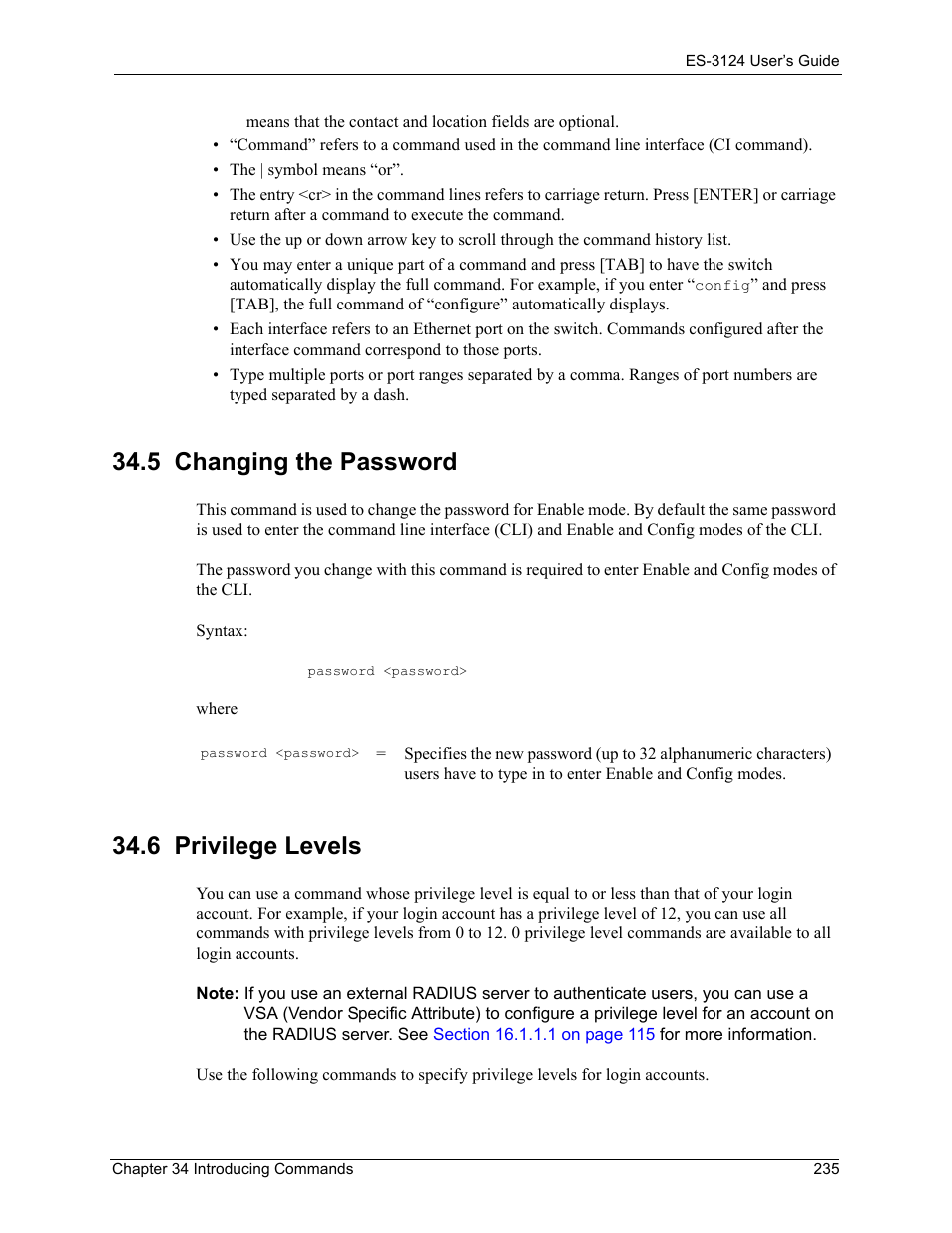 5 changing the password, 6 privilege levels, 5 changing the password 34.6 privilege levels | ZyXEL Communications LAYER 3 ES-3124 User Manual | Page 237 / 337