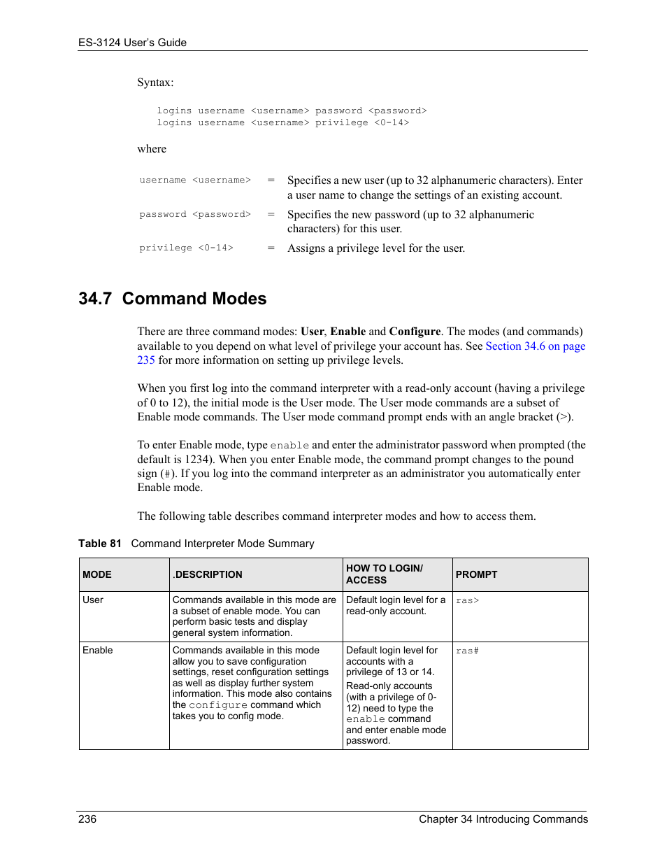 7 command modes, Table 81 command interpreter mode summary | ZyXEL Communications LAYER 3 ES-3124 User Manual | Page 238 / 337