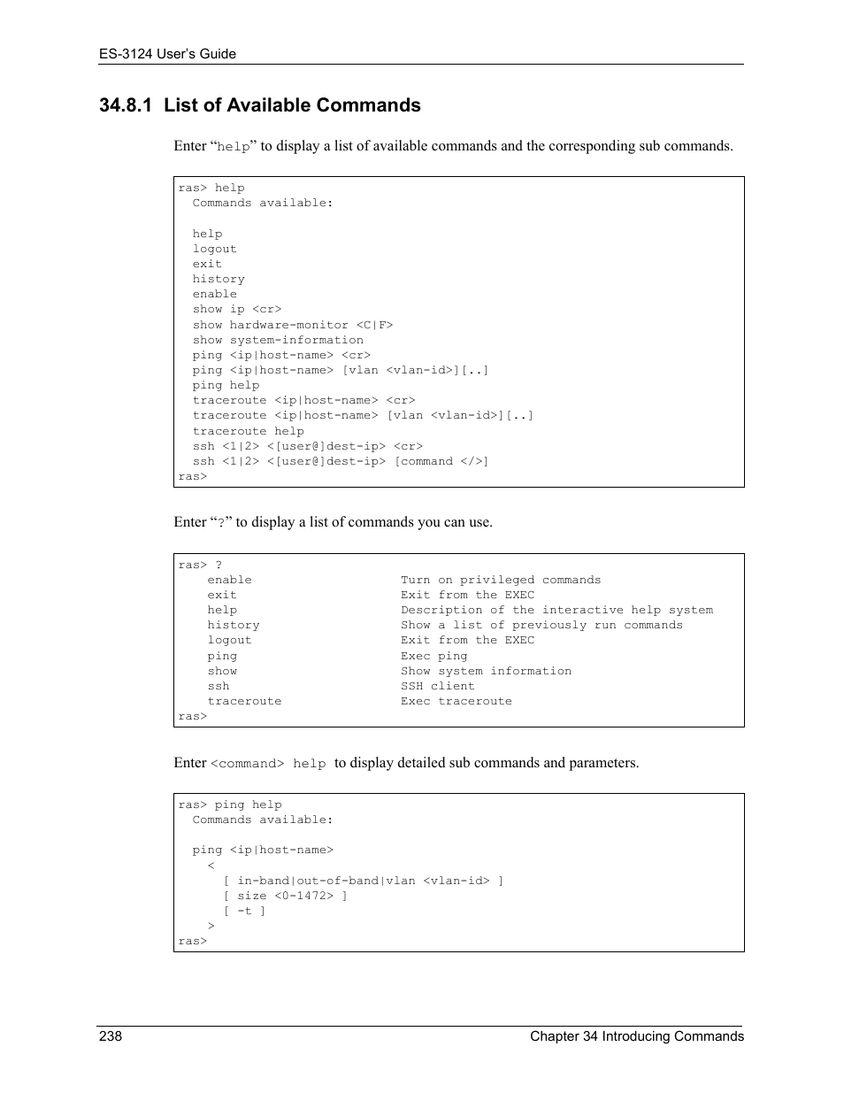 1 list of available commands | ZyXEL Communications LAYER 3 ES-3124 User Manual | Page 240 / 337