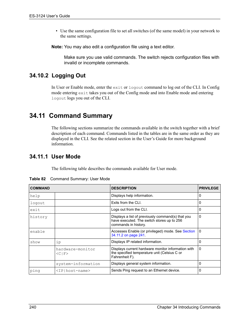 2 logging out, 11 command summary, 1 user mode | Table 82 command summary: user mode | ZyXEL Communications LAYER 3 ES-3124 User Manual | Page 242 / 337
