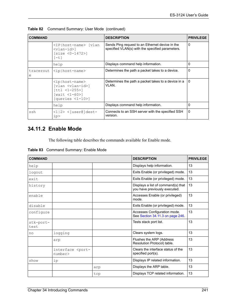 2 enable mode, Table 83 command summary: enable mode | ZyXEL Communications LAYER 3 ES-3124 User Manual | Page 243 / 337