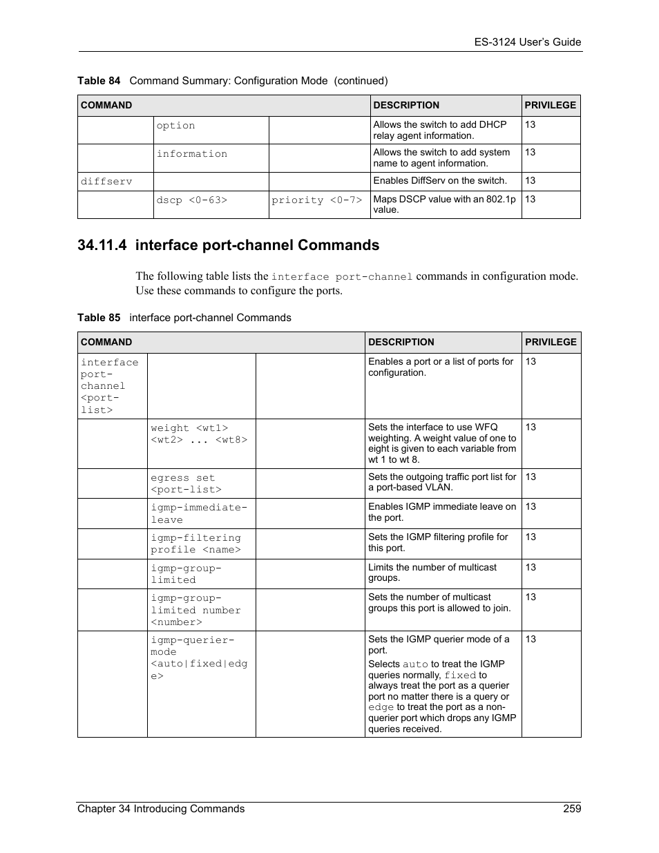 4 interface port-channel commands, Table 85 interface port-channel commands, Ation. see | Section, For more | ZyXEL Communications LAYER 3 ES-3124 User Manual | Page 261 / 337