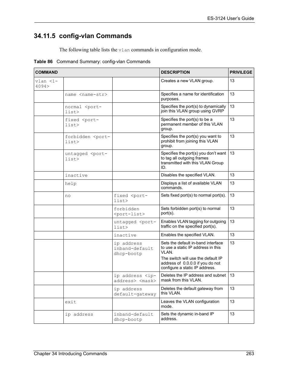 5 config-vlan commands, Table 86 command summary: config-vlan commands, Mode. see | Section 34.11.5 on | ZyXEL Communications LAYER 3 ES-3124 User Manual | Page 265 / 337