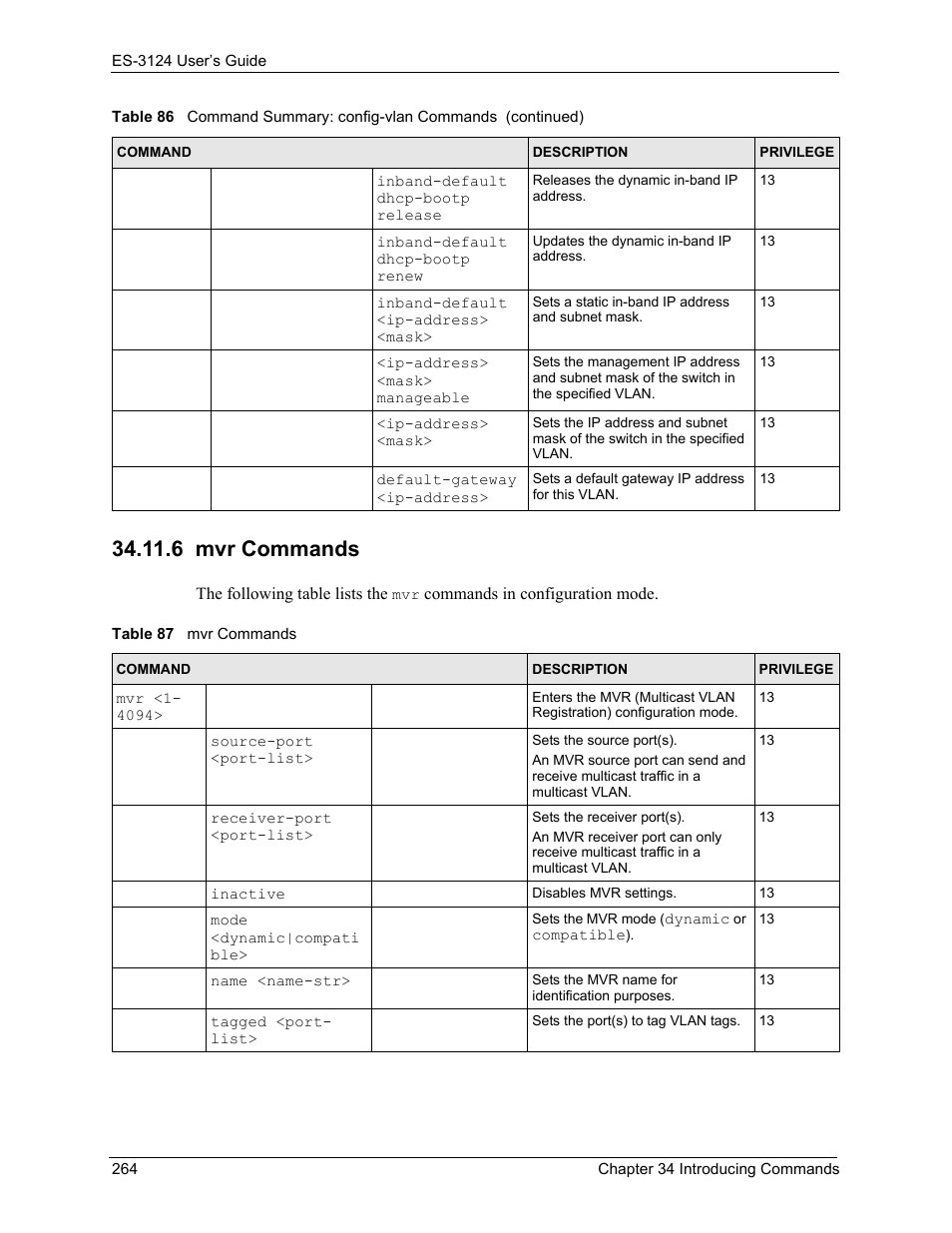 6 mvr commands, Table 87 mvr commands | ZyXEL Communications LAYER 3 ES-3124 User Manual | Page 266 / 337