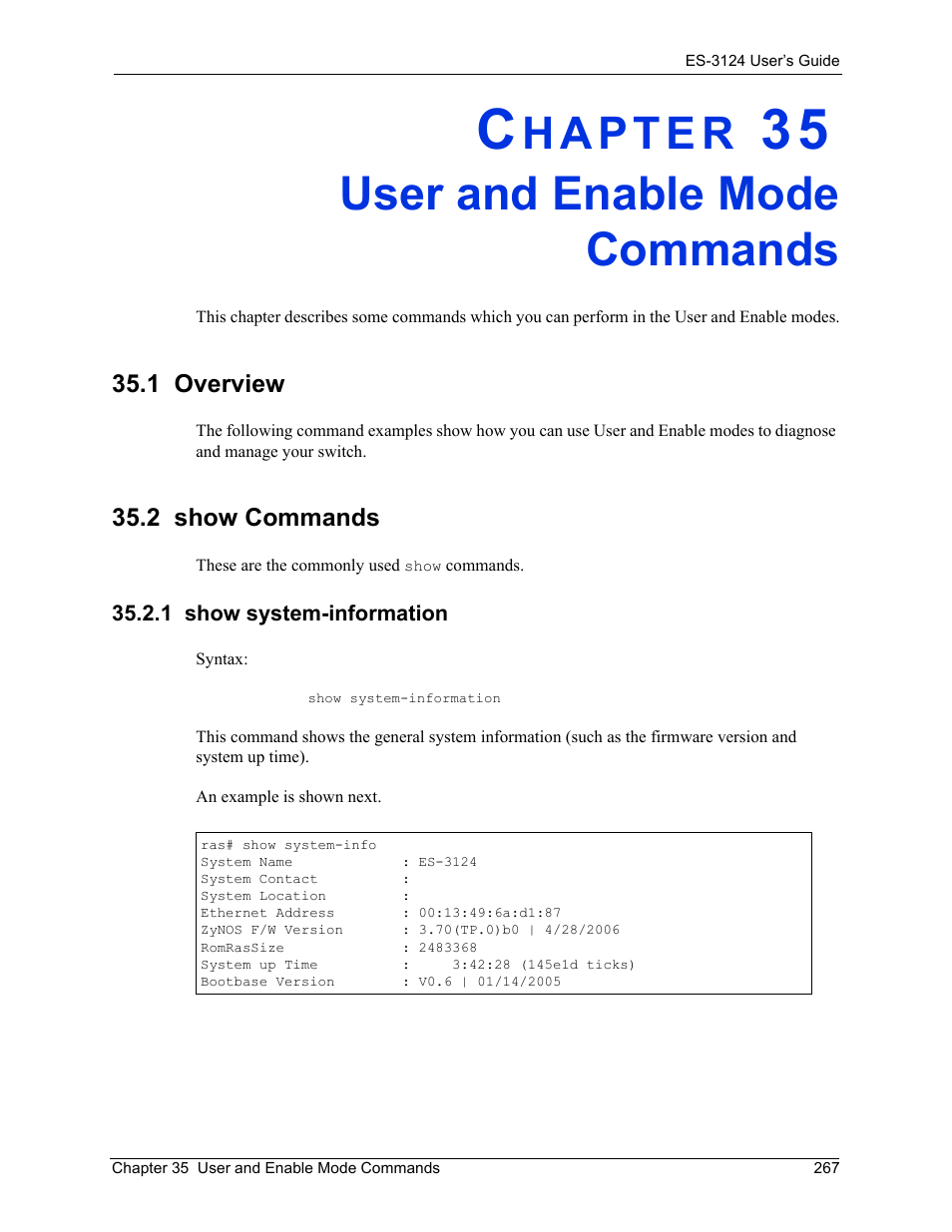 User and enable mode commands, 1 overview, 2 show commands | 1 show system-information, Chapter 35 user and enable mode commands, 1 overview 35.2 show commands | ZyXEL Communications LAYER 3 ES-3124 User Manual | Page 269 / 337