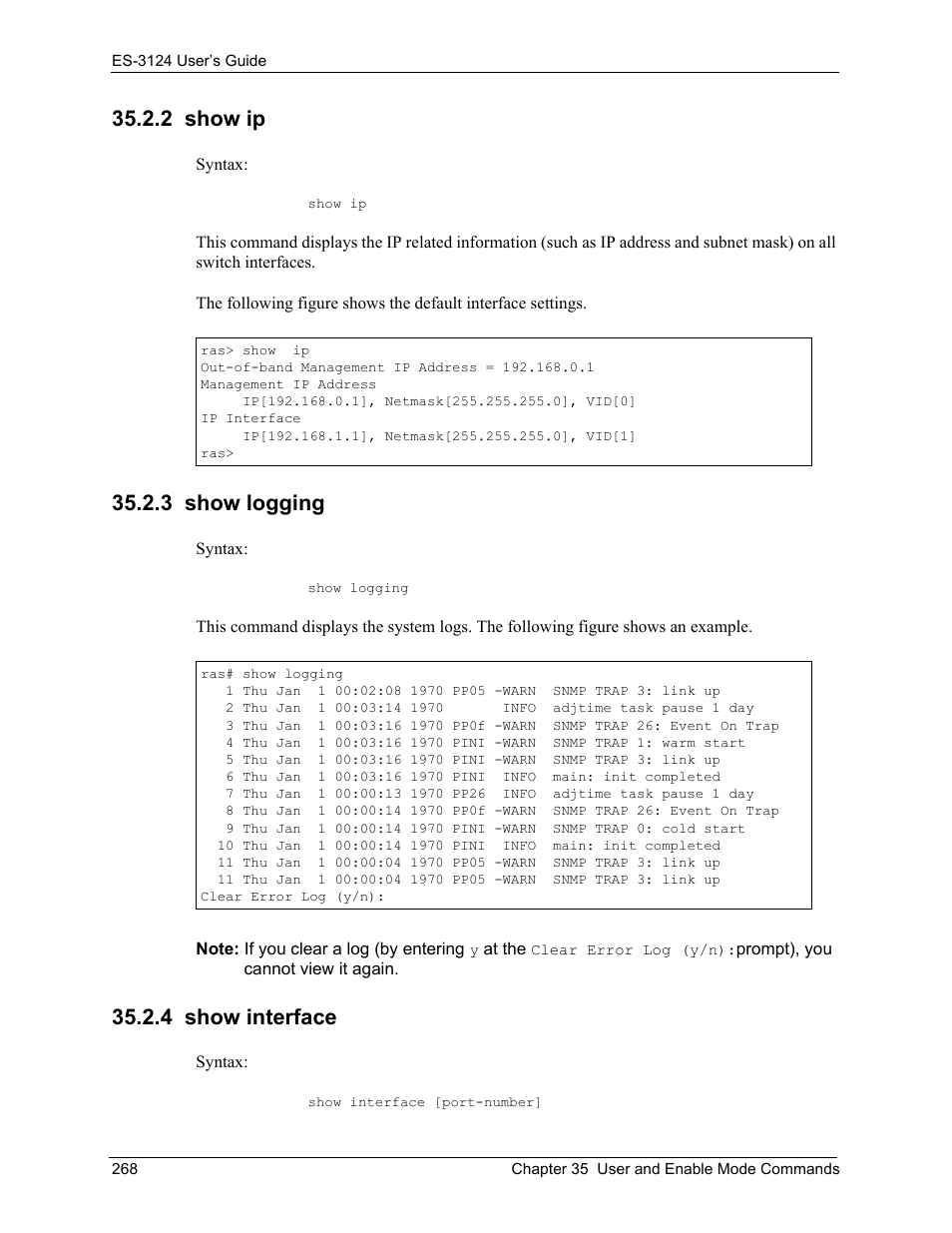 2 show ip, 3 show logging, 4 show interface | ZyXEL Communications LAYER 3 ES-3124 User Manual | Page 270 / 337