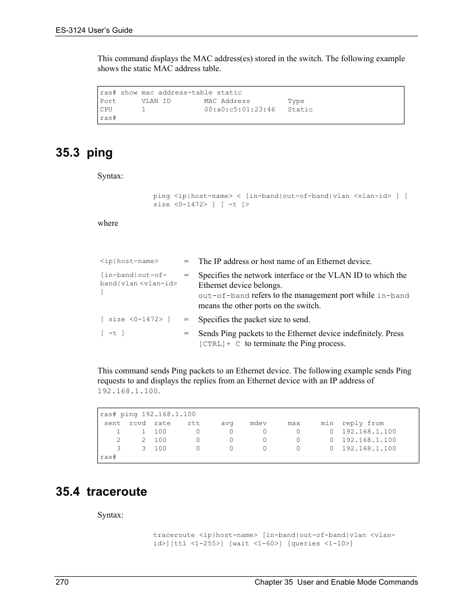 3 ping, 4 traceroute, 3 ping 35.4 traceroute | ZyXEL Communications LAYER 3 ES-3124 User Manual | Page 272 / 337