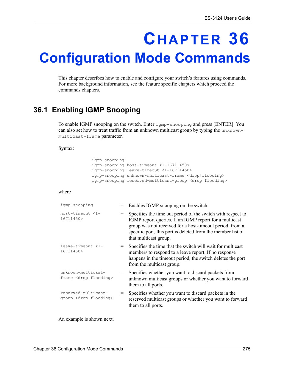 Configuration mode commands, 1 enabling igmp snooping, Chapter 36 configuration mode commands | ZyXEL Communications LAYER 3 ES-3124 User Manual | Page 277 / 337