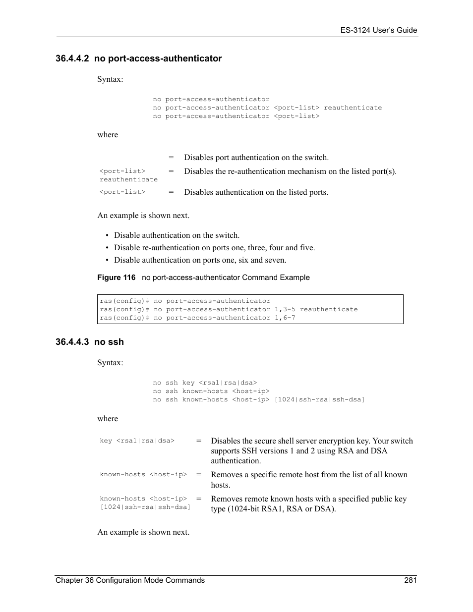 2 no port-access-authenticator, 3 no ssh, 2 no port-access-authenticator 36.4.4.3 no ssh | ZyXEL Communications LAYER 3 ES-3124 User Manual | Page 283 / 337