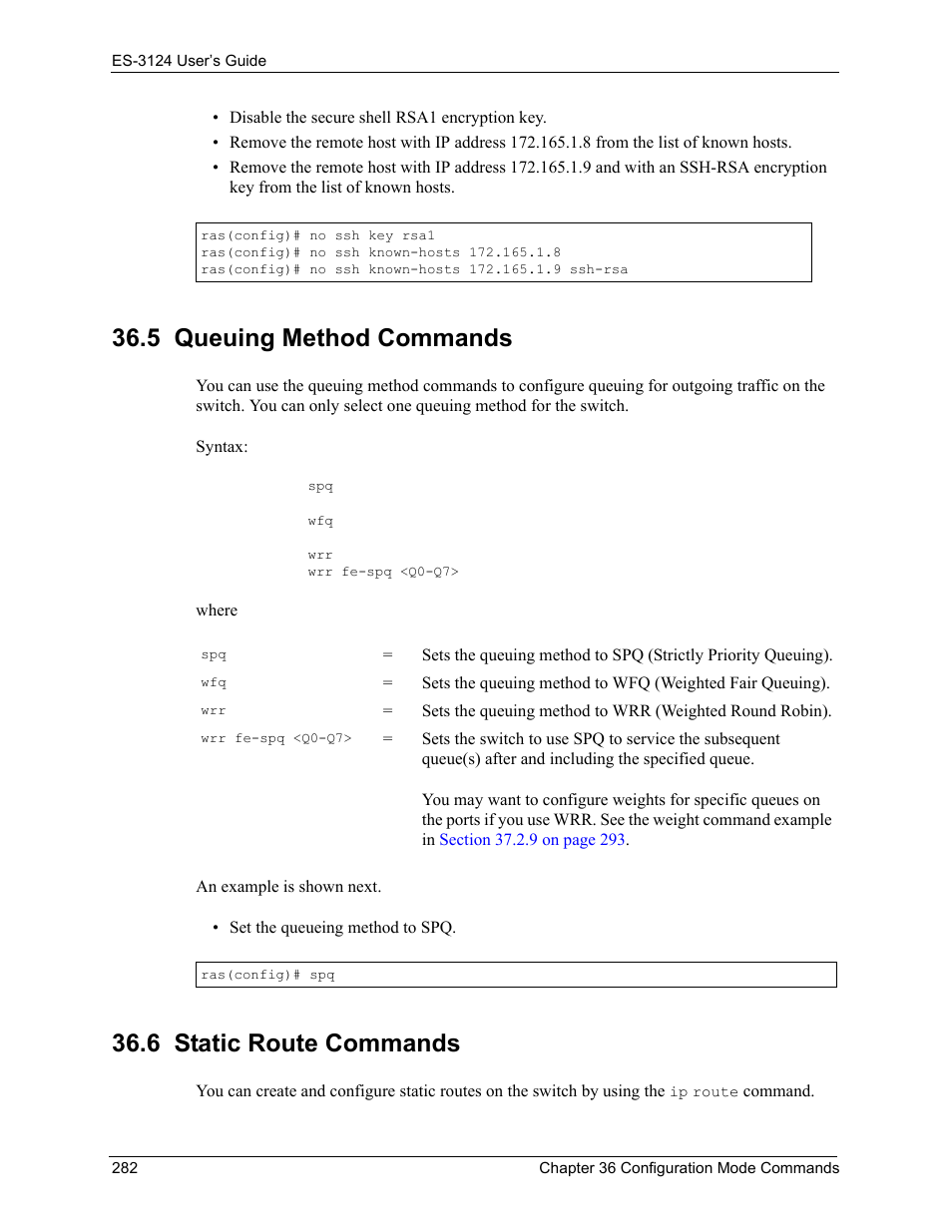 5 queuing method commands, 6 static route commands | ZyXEL Communications LAYER 3 ES-3124 User Manual | Page 284 / 337