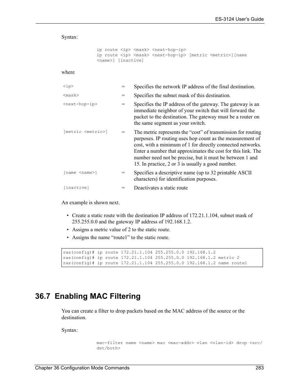 7 enabling mac filtering | ZyXEL Communications LAYER 3 ES-3124 User Manual | Page 285 / 337