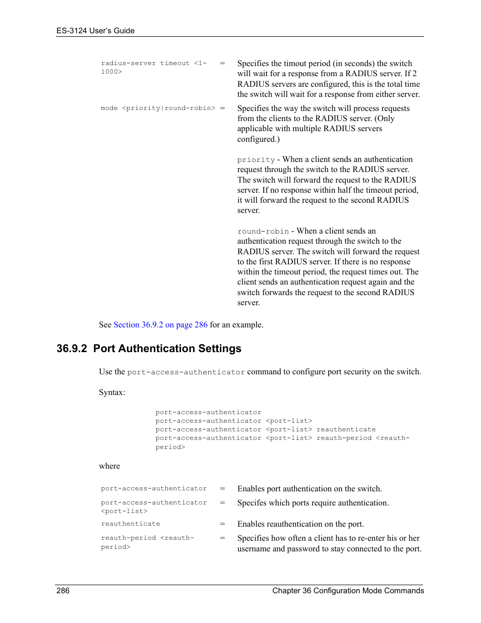 2 port authentication settings | ZyXEL Communications LAYER 3 ES-3124 User Manual | Page 288 / 337