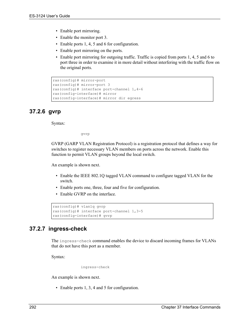 6 gvrp, 7 ingress-check, 6 gvrp 37.2.7 ingress-check | ZyXEL Communications LAYER 3 ES-3124 User Manual | Page 294 / 337