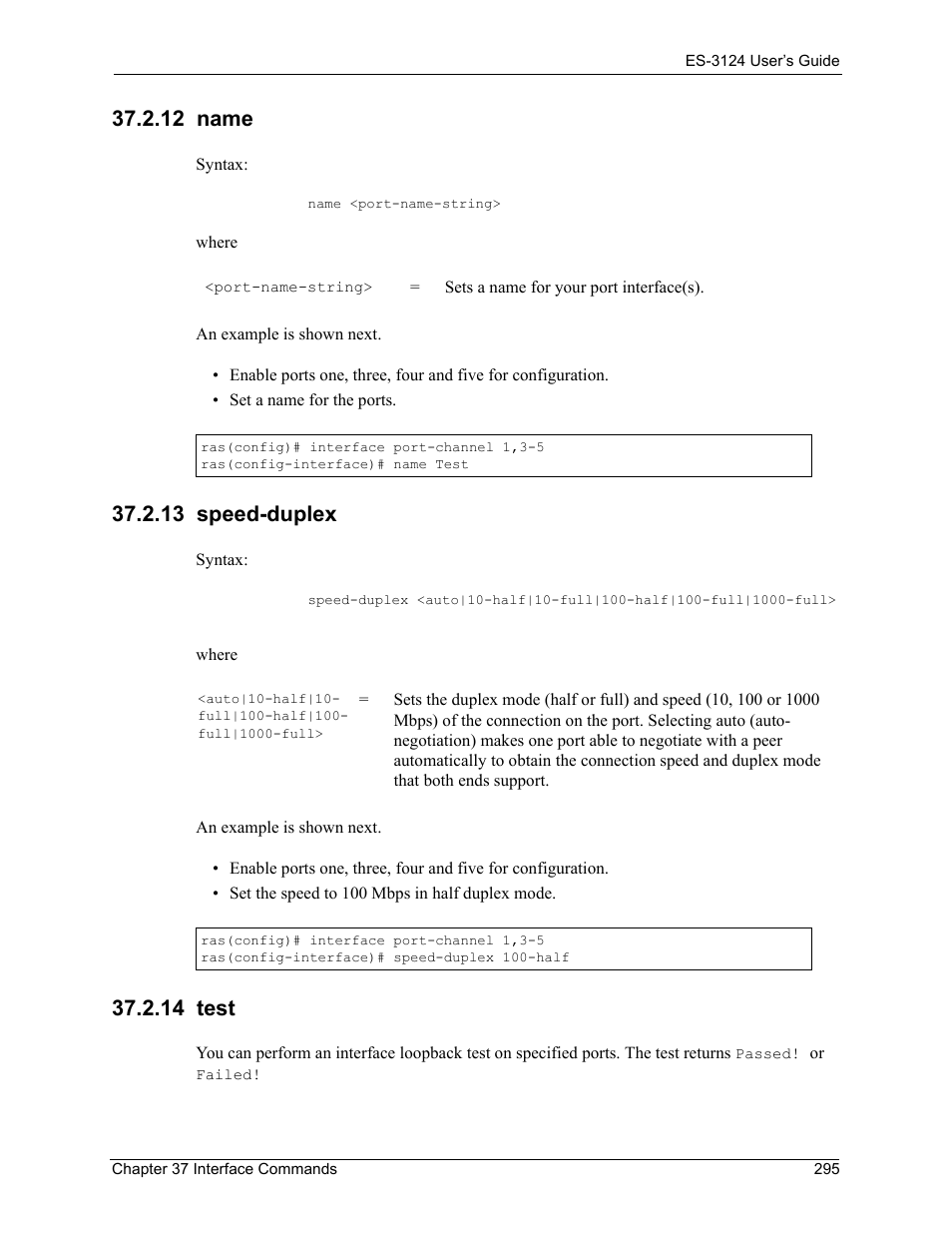 12 name, 13 speed-duplex, 14 test | 12 name 37.2.13 speed-duplex 37.2.14 test | ZyXEL Communications LAYER 3 ES-3124 User Manual | Page 297 / 337