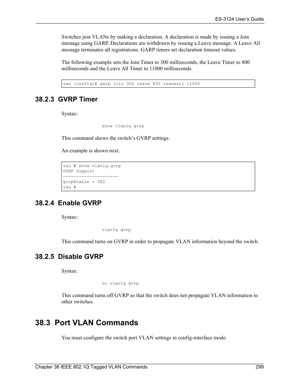 3 gvrp timer, 4 enable gvrp, 5 disable gvrp | 3 port vlan commands | ZyXEL Communications LAYER 3 ES-3124 User Manual | Page 301 / 337