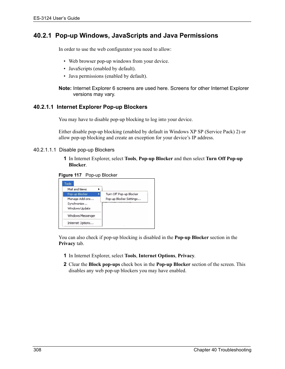 1 pop-up windows, javascripts and java permissions, 1 internet explorer pop-up blockers, Figure 117 pop-up blocker | ZyXEL Communications LAYER 3 ES-3124 User Manual | Page 310 / 337