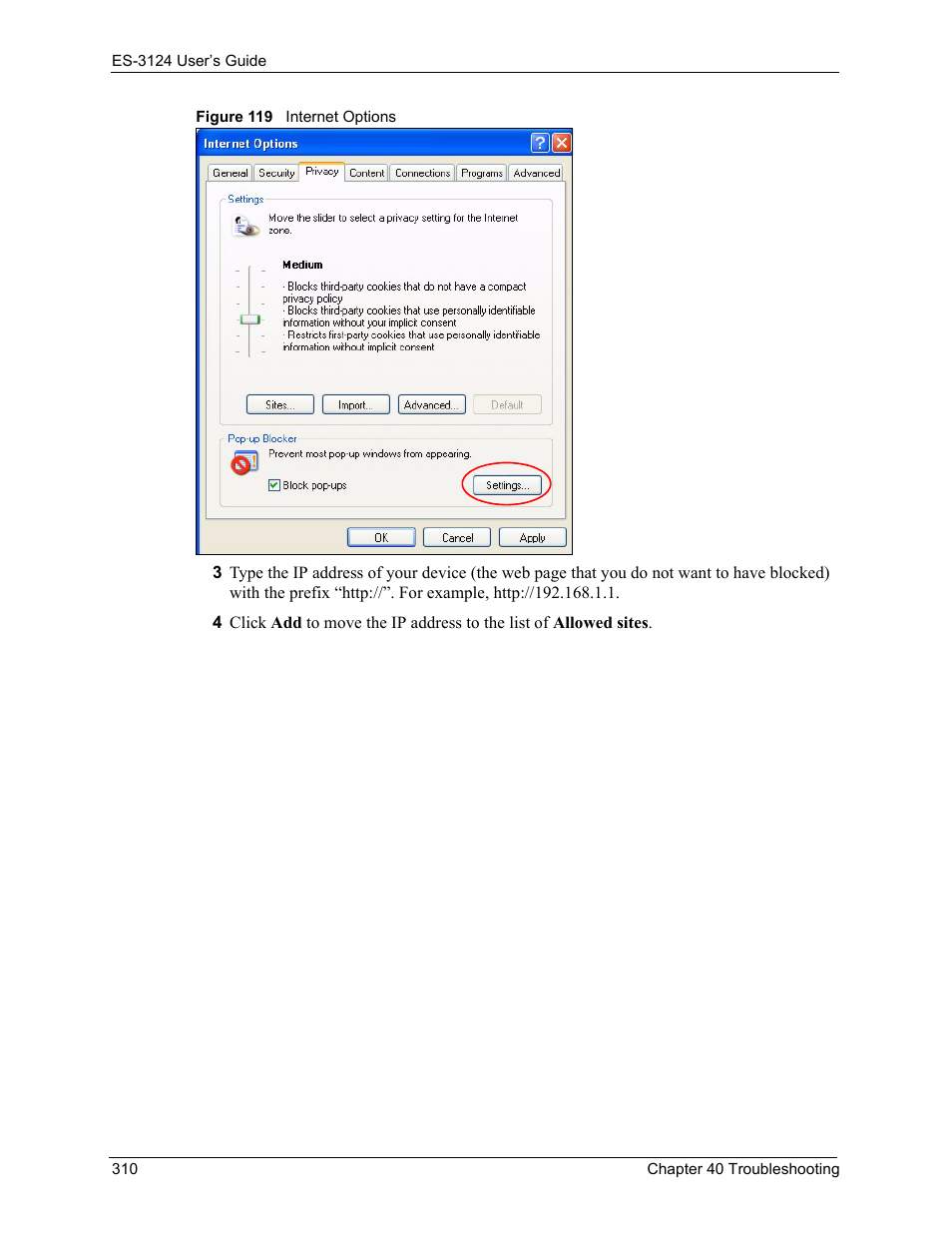 Figure 119 internet options | ZyXEL Communications LAYER 3 ES-3124 User Manual | Page 312 / 337