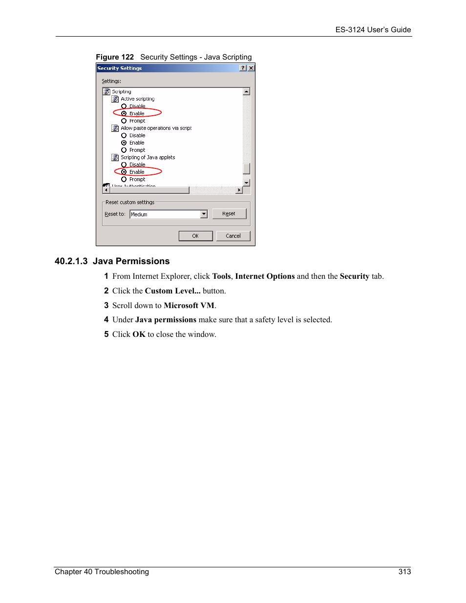 3 java permissions, Figure 122 security settings - java scripting | ZyXEL Communications LAYER 3 ES-3124 User Manual | Page 315 / 337