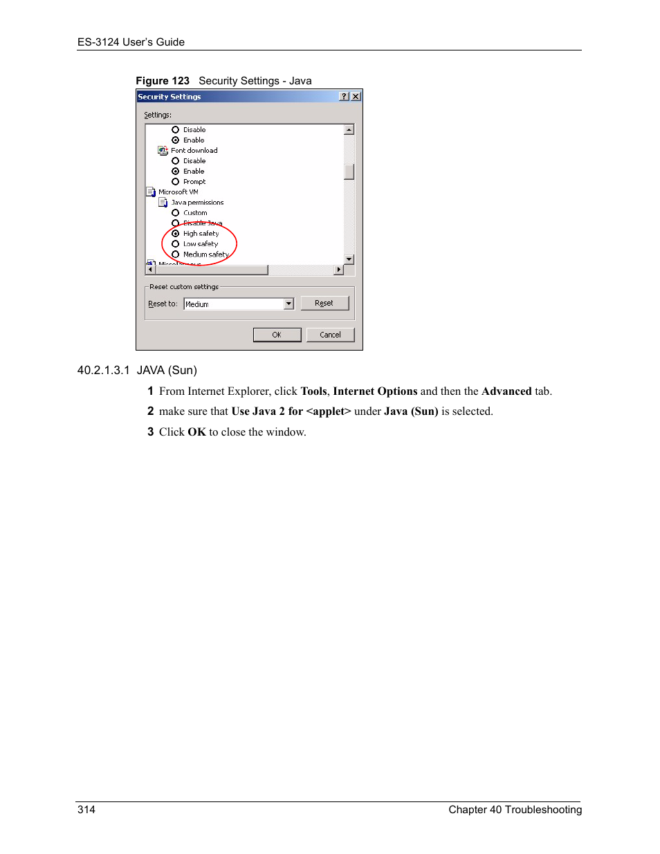 Figure 123 security settings - java | ZyXEL Communications LAYER 3 ES-3124 User Manual | Page 316 / 337