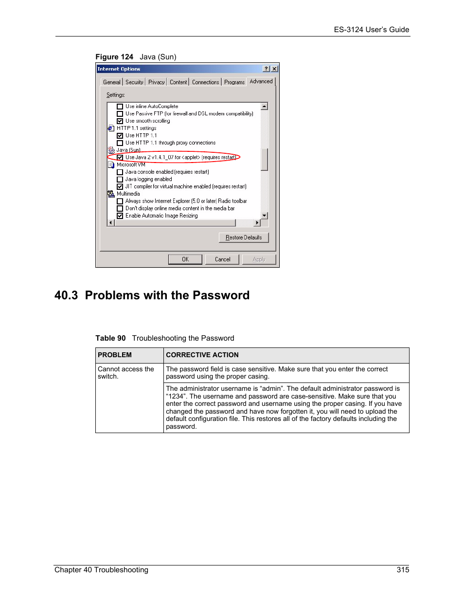 3 problems with the password, Figure 124 java (sun), Table 90 troubleshooting the password | ZyXEL Communications LAYER 3 ES-3124 User Manual | Page 317 / 337