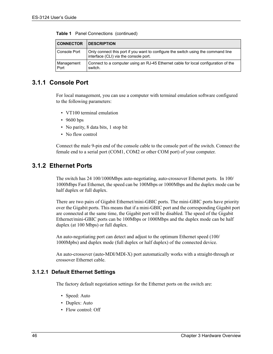 1 console port, 2 ethernet ports, 1 default ethernet settings | 1 console port 3.1.2 ethernet ports | ZyXEL Communications LAYER 3 ES-3124 User Manual | Page 48 / 337