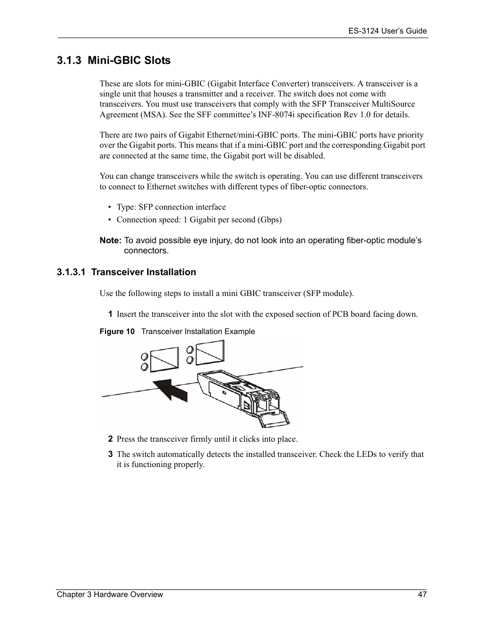 3 mini-gbic slots, 1 transceiver installation, Figure 10 transceiver installation example | ZyXEL Communications LAYER 3 ES-3124 User Manual | Page 49 / 337