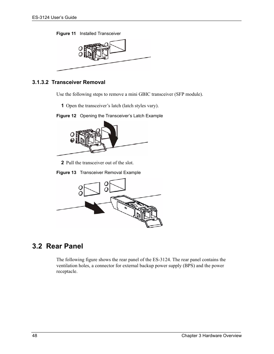 2 transceiver removal, 2 rear panel | ZyXEL Communications LAYER 3 ES-3124 User Manual | Page 50 / 337